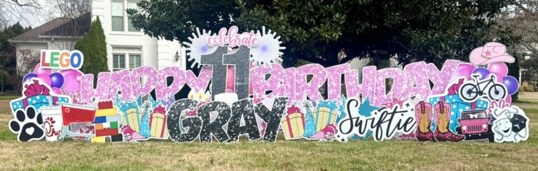 Big 11th birthday yard sign for girl in Nashville TN featuring Happy Birthday Gray sign with Swiftie theme, bike, boots, LEGO, Chick-fil-A, and colorful birthday lawn greetings