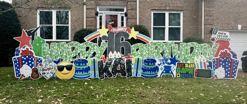 Our Story 1 Happy 16th birthday yard sign for Kai with colorful big yard signs, gaming theme, birthday cakes, gifts, and new driver graphics in Franklin TN