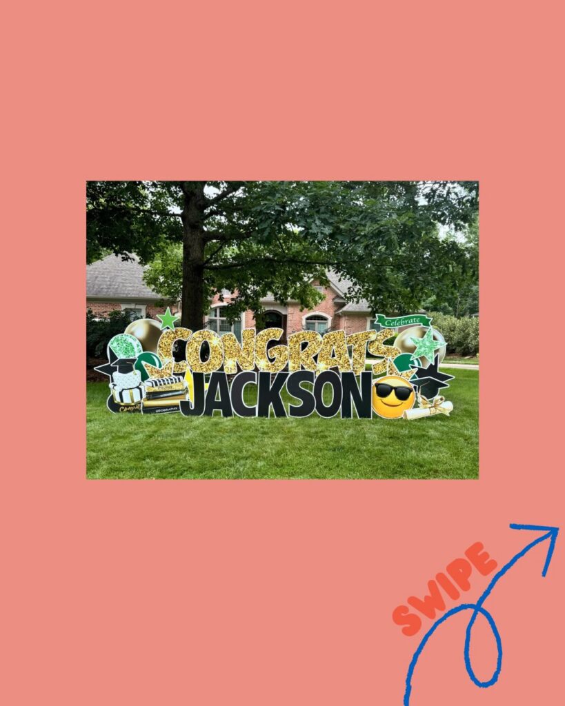 Congrats Jackson graduation yard sign in Franklin TN with glitter gold letters, graduation caps, stars, diploma graphics, and personalized outdoor lawn display